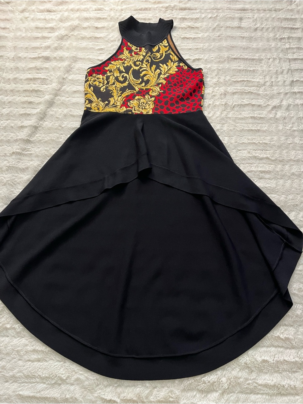 New York & Company Black High-Low Dress with Red & Gold Baroque Bodice